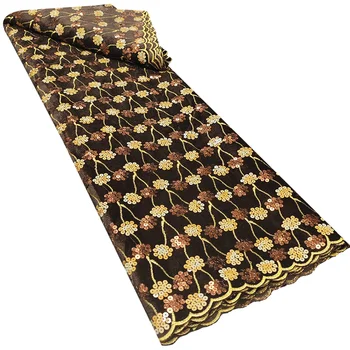 Высококачественная коричневая Африканская бархатная кружевная ткань с блестками Африканская кружевная ткань 5 ярдов Нигерийская кружевная ткань для вечернего платья P312