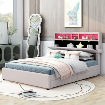 Полноразмерная мягкая кровать на платформе с изголовьем для хранения, светодиодом, USB-зарядкой и 2 выдвижными ящиками, подходит для спален, бежевый