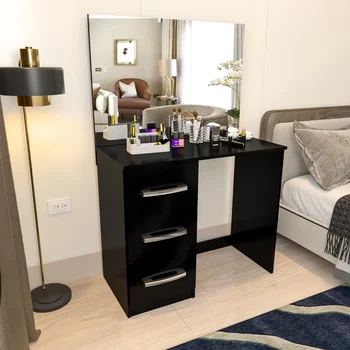 Туалетный столик для макияжа с 3 ящиками, широким зеркалом, окрашенный в черный цвет, стильный небольшой шкаф для хранения, встроенный столик для макияжа