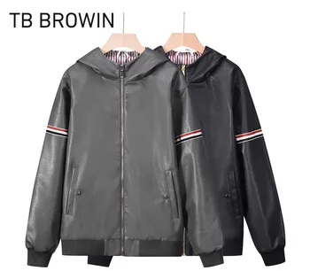 Мужская куртка TB BROWIN из искусственной кожи, однотонная полосатая мотоциклетная куртка с капюшоном, мужская куртка High Street из искусственной кожи, ветрозащитная куртка
