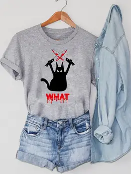 Топ с принтом на Хэллоуин, женская футболка на День благодарения, с рисунком кота, милая осенняя футболка с графическим рисунком, одежда с круглым вырезом