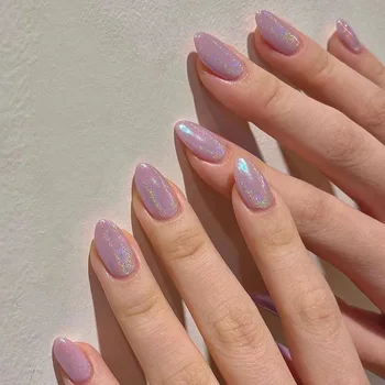 24шт Фиолетовых накладных ногтей Aurora Almond, блестящих с французским дизайном, пригодных для носки накладных ногтей, искусственной печати на кончиках ногтей, полного покрытия