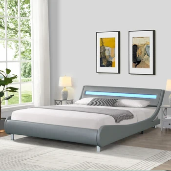 Каркас кровати-платформы с изогнутым дизайном, обитый искусственной Кожей, со светодиодной подсветкой, Опора из деревянных планок, Пружинный блок не требуется, Размер Queen Size